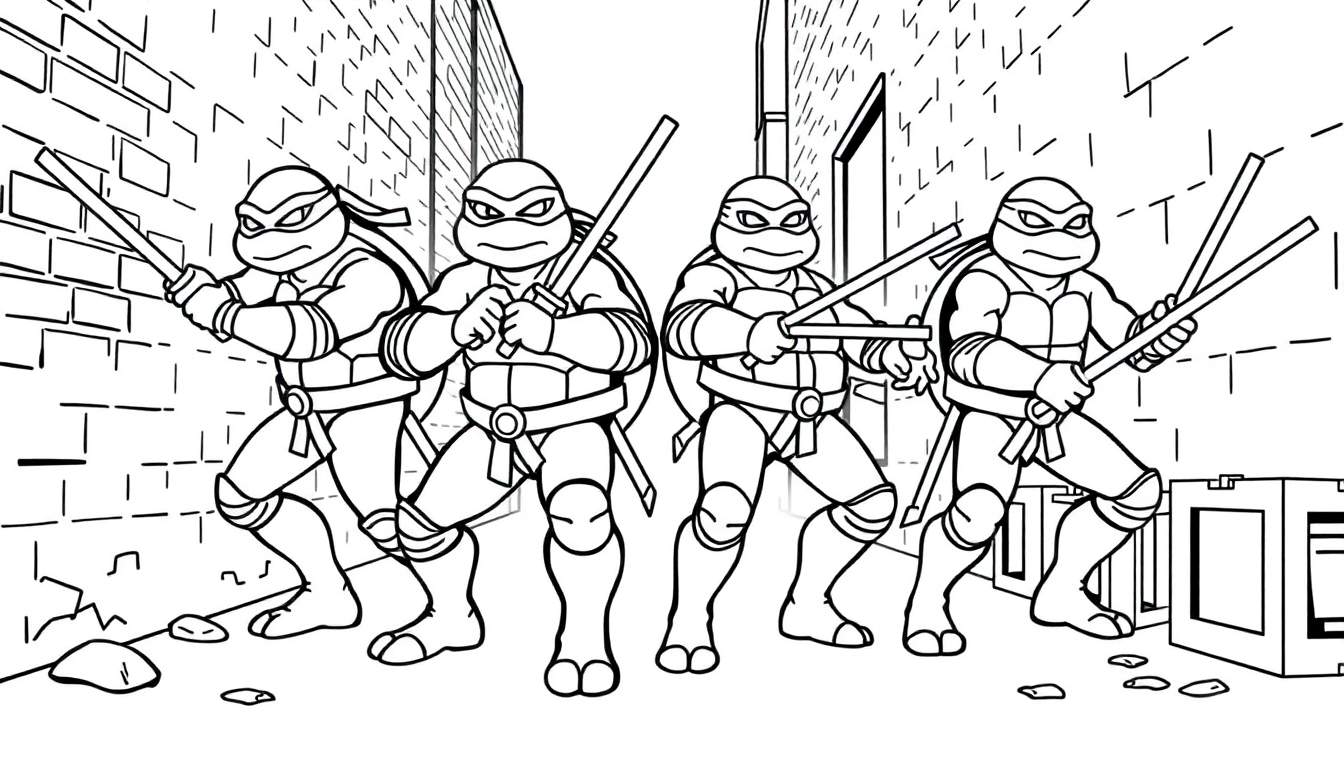 Página para colorear de las Tortugas Ninja en un callejón, lista para la acción, mostrando a Leonardo, Donatello, Michelangelo y Raphael con sus armas.