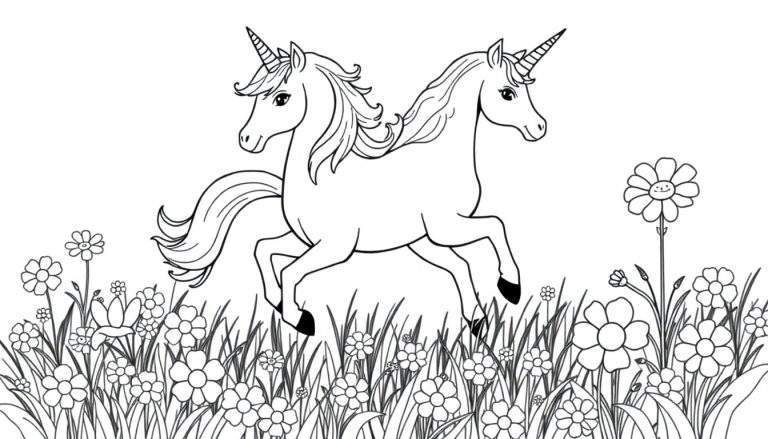 Dos unicornios corriendo en un prado de flores, página para colorear de la placa de color.