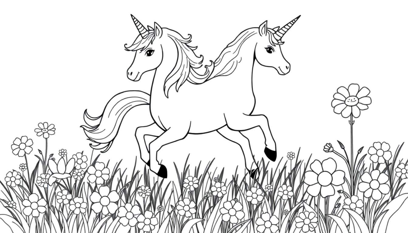 Dos unicornios corriendo en un prado de flores, página para colorear de la placa de color.