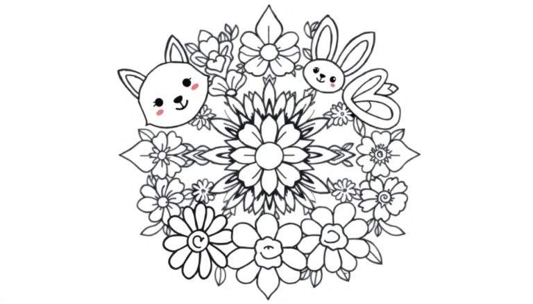 Un mandala floral para colorear con un zorro y un conejo, una placa de color esperando ser llenada de vida.
