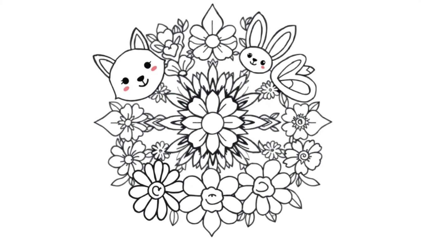 Un mandala floral para colorear con un zorro y un conejo, una placa de color esperando ser llenada de vida.
