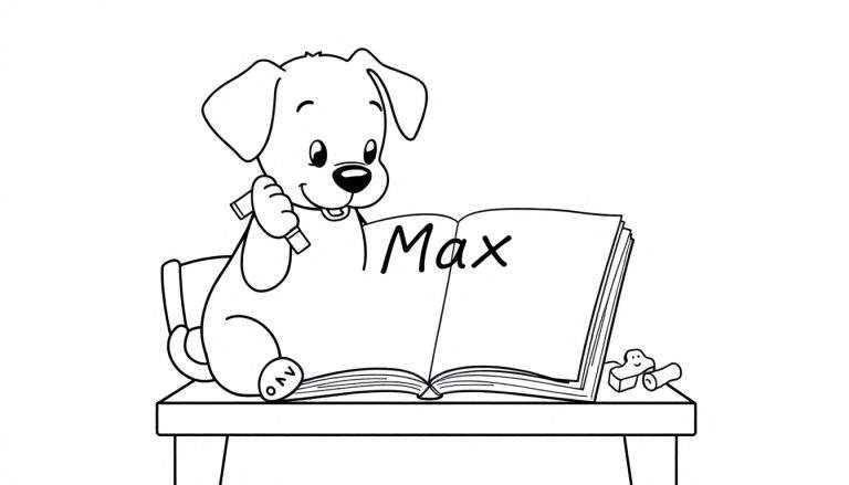 Un perro de dibujos animados sentado en una mesa leyendo un libro con la palabra 'Max' escrita en él, con mancuernas y juguetes en la mesa, sobre un fondo blanco.