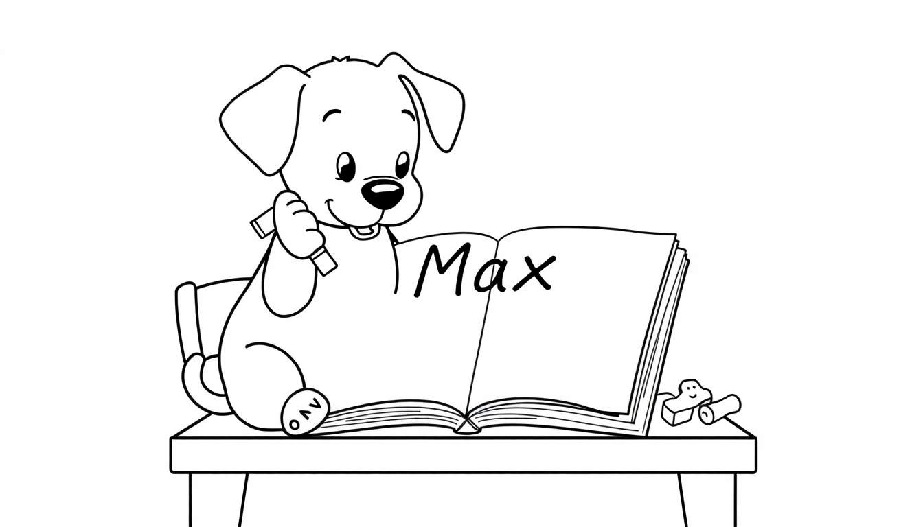 Un perro de dibujos animados sentado en una mesa leyendo un libro con la palabra 'Max' escrita en él, con mancuernas y juguetes en la mesa, sobre un fondo blanco.