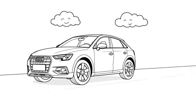 Un coche Audi Q3 para colorear, con nubes sonrientes en el cielo y la palabra 'placa de color' cerca.