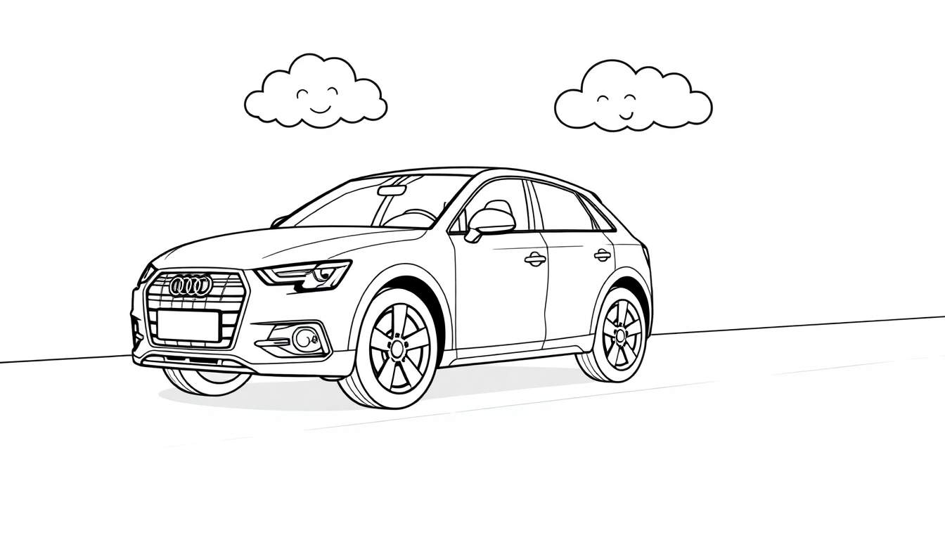Un coche Audi Q3 para colorear, con nubes sonrientes en el cielo y la palabra 'placa de color' cerca.