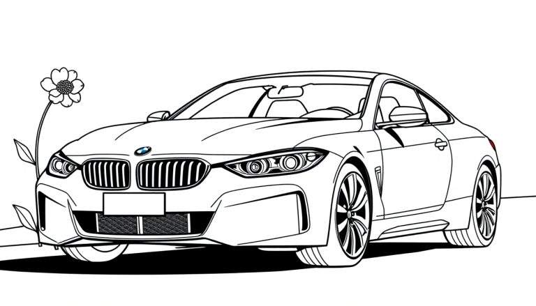 Un dibujo lineal de un BMW para colorear con una flor delante, de la placa de color.
