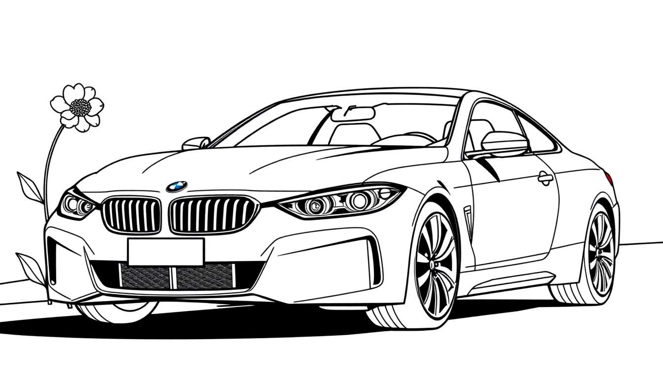 Un dibujo lineal de un BMW para colorear con una flor delante, de la placa de color.