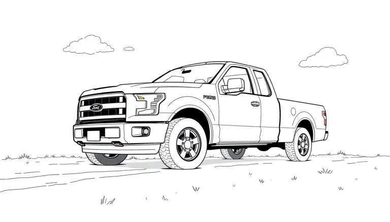 Un dibujo a lápiz de un camión Ford F-150 clásico, listo para que le pintes la placa de color.