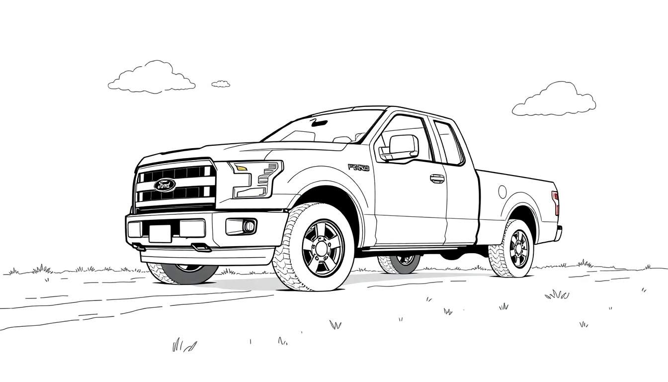Un dibujo a lápiz de un camión Ford F-150 clásico, listo para que le pintes la placa de color.