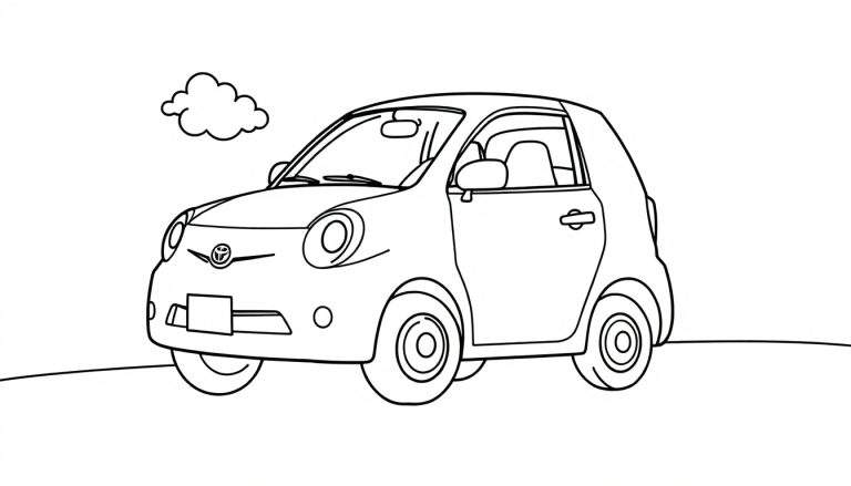 Un coche Toyota iQ para colorear con una placa de color en la parte delantera, sobre hierba y con una nube en el cielo.