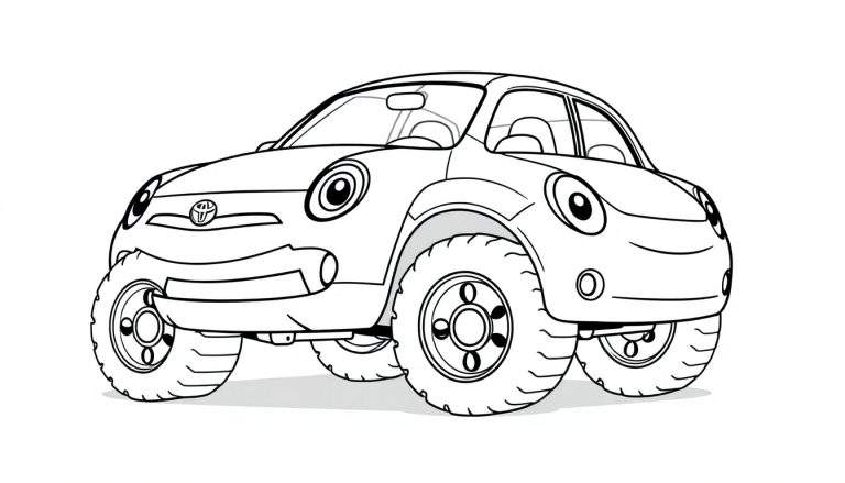 Un coche Toyota sonriente listo para colorear, con grandes ruedas y un logo de Toyota visible.
