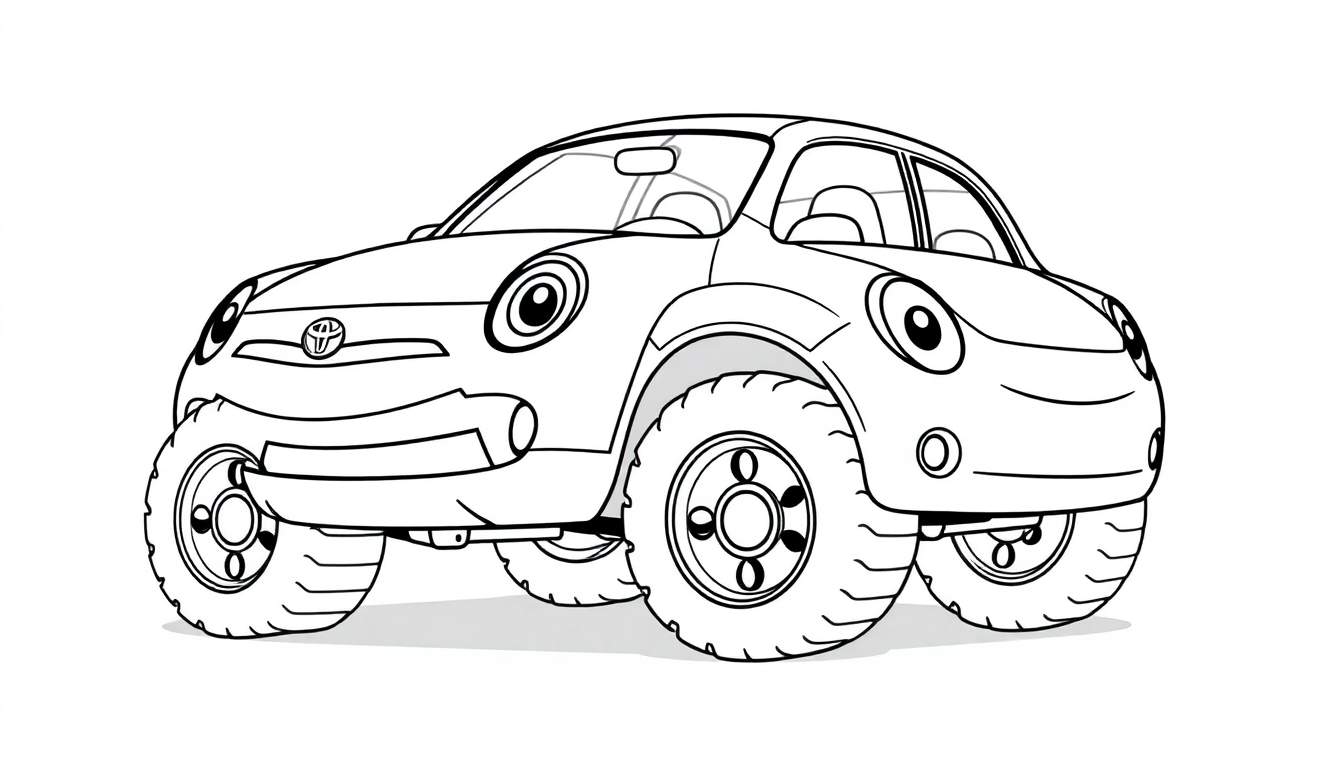 Un coche Toyota sonriente listo para colorear, con grandes ruedas y un logo de Toyota visible.