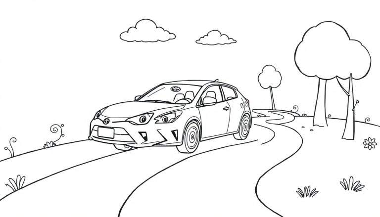 Un coche Toyota de placa de color en una carretera sinuosa rodeado de naturaleza.
