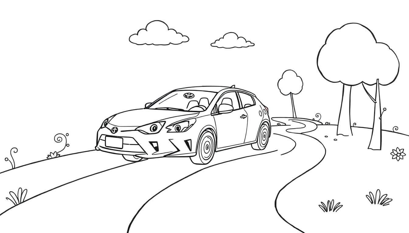 Un coche Toyota de placa de color en una carretera sinuosa rodeado de naturaleza.