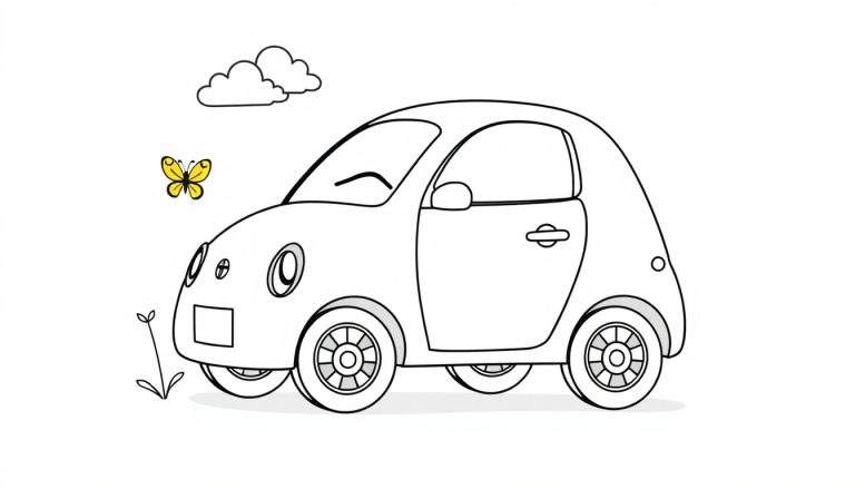 Página para colorear de un coche Toyota con ruedas, ventana, puerta y un diseño frontal que parece una cara. Incluye nubes, una mariposa y una flor. Diseño de placa de color.