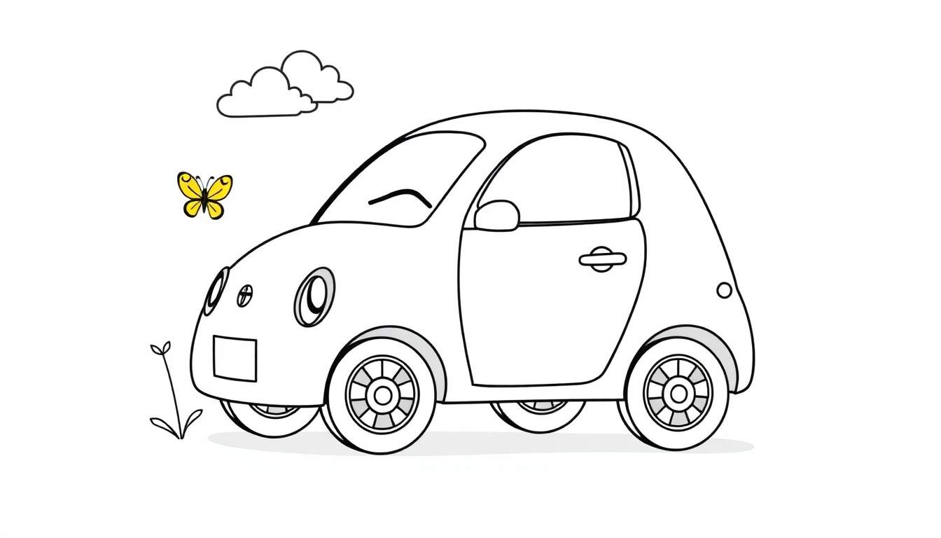 Página para colorear de un coche Toyota con ruedas, ventana, puerta y un diseño frontal que parece una cara. Incluye nubes, una mariposa y una flor. Diseño de placa de color.