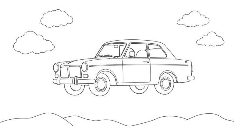 Un coche antiguo para colorear con una placa de color, flotando entre nubes y colinas.