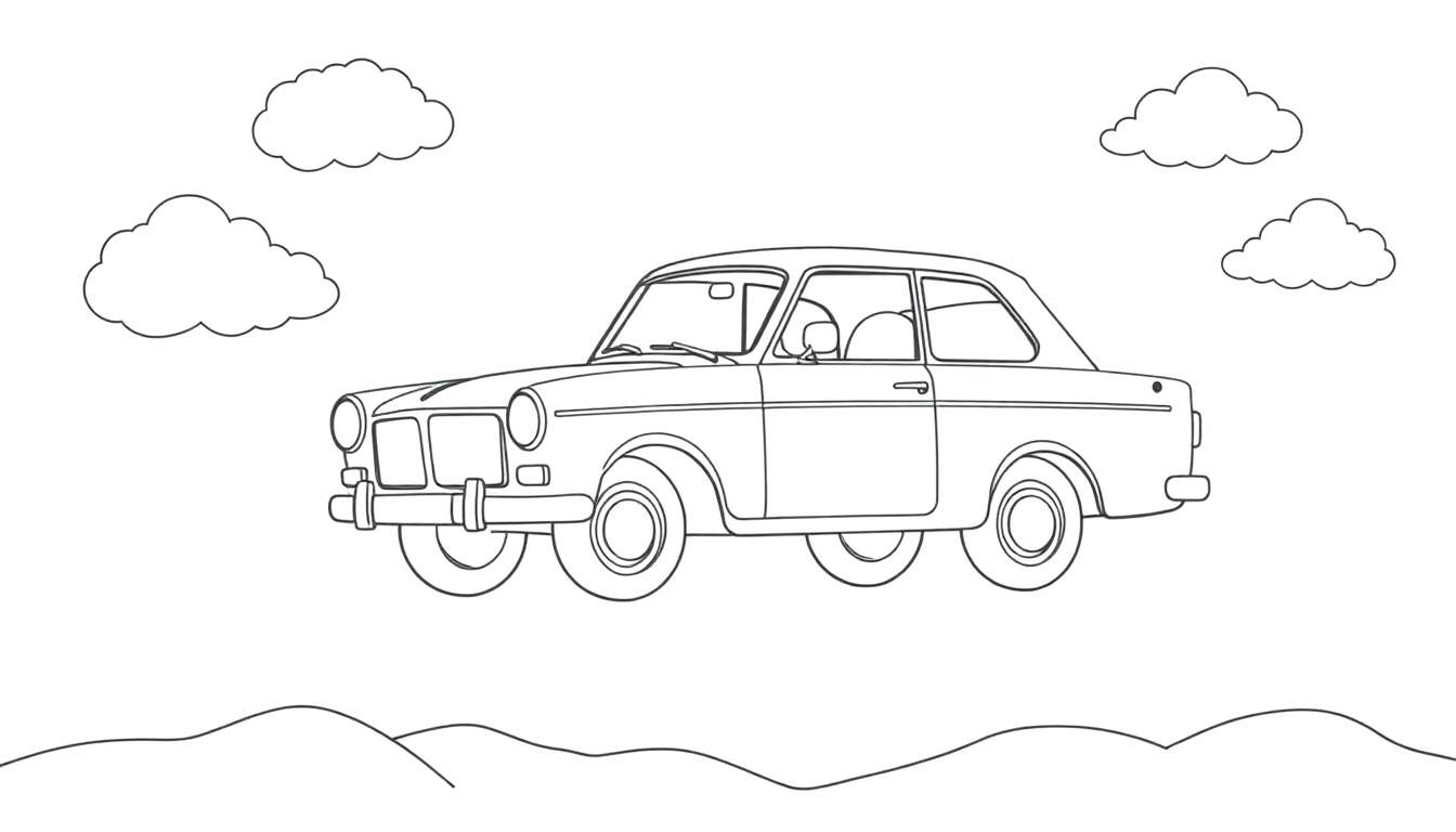 Un coche antiguo para colorear con una placa de color, flotando entre nubes y colinas.