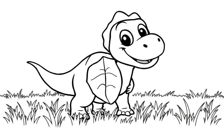 Un dinosaurio simpático en blanco y negro listo para colorear en su placa de color.