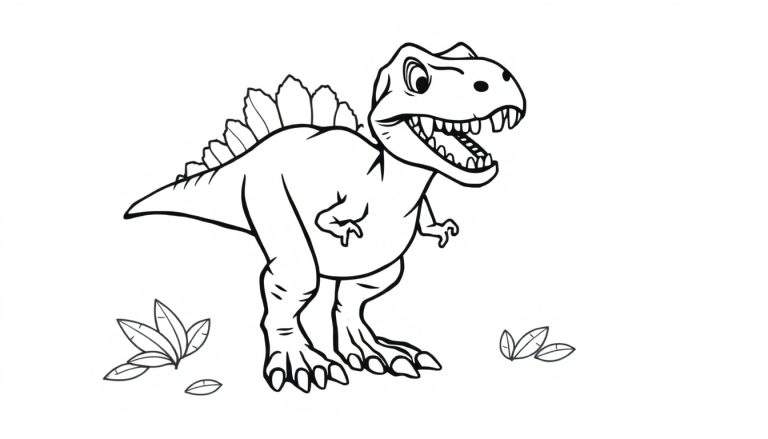 Un dinosaurio caricaturesco listo para ser coloreado, con una placa de color imaginaria en su espalda.