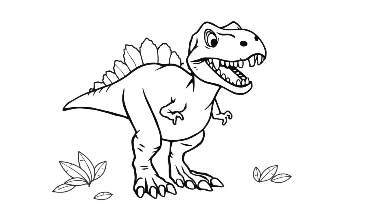 Un dinosaurio caricaturesco listo para ser coloreado, con una placa de color imaginaria en su espalda.