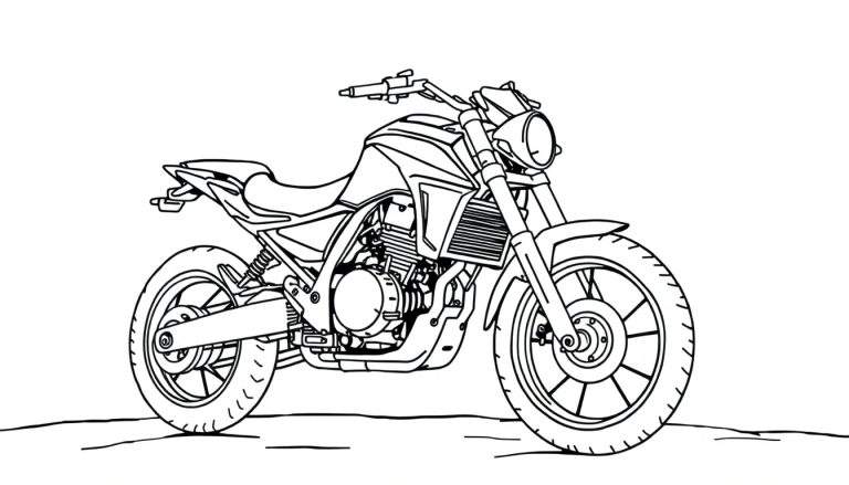 Una motocicleta para colorear en blanco y negro, con la placa de color esperando a ser personalizada.