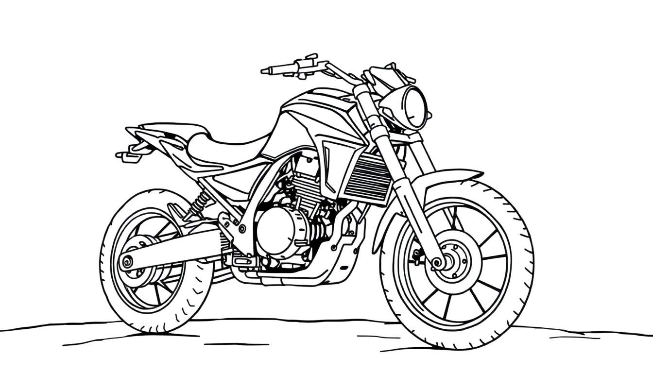 Una motocicleta para colorear en blanco y negro, con la placa de color esperando a ser personalizada.