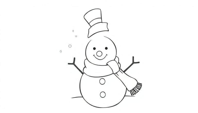 Dibujo en blanco y negro de un muñeco de nieve amigable con una bufanda y sombrero, listo para ser coloreado en una placa de color.