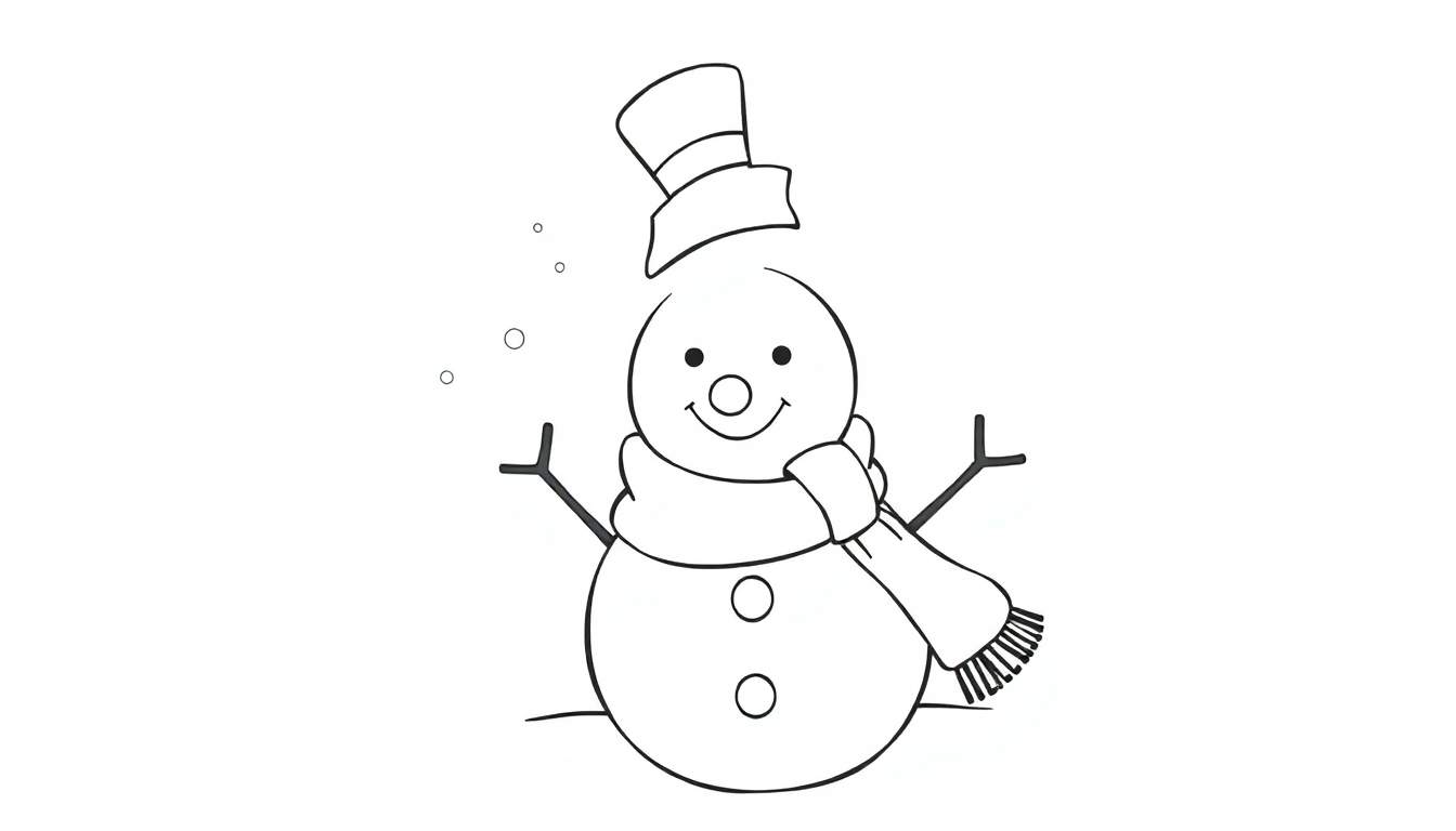 Dibujo en blanco y negro de un muñeco de nieve amigable con una bufanda y sombrero, listo para ser coloreado en una placa de color.