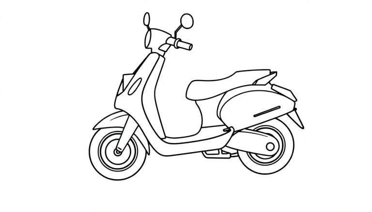Un dibujo lineal de un patinete moderno, listo para ser pintado con colores vibrantes, mostrando su placa de color en blanco y negro.