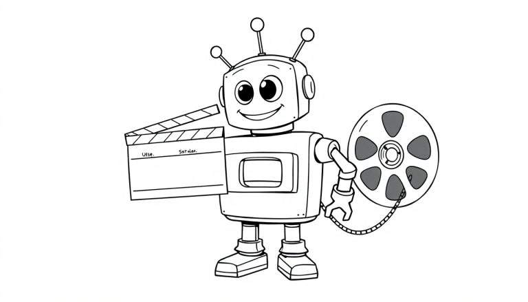 Un robot de cine amigable en blanco y negro con una claqueta y un rollo de película, listo para colorear en su placa de color.