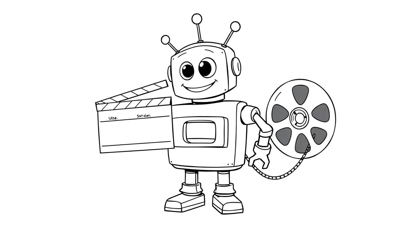 Un robot de cine amigable en blanco y negro con una claqueta y un rollo de película, listo para colorear en su placa de color.