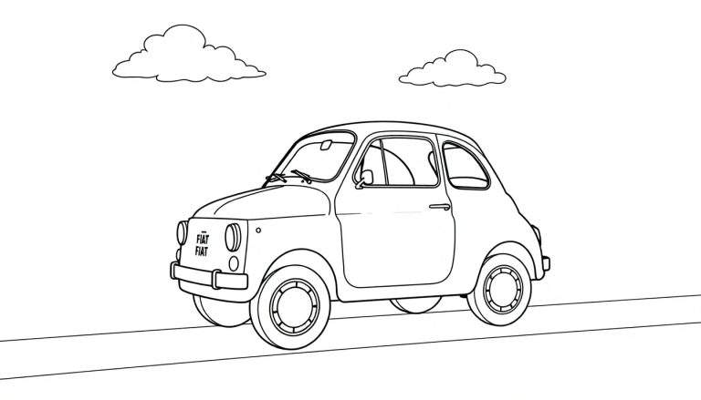 Un dibujo lineal en blanco y negro de un Fiat 500 clásico en una carretera, listo para colorear, con una placa de color para guiar.