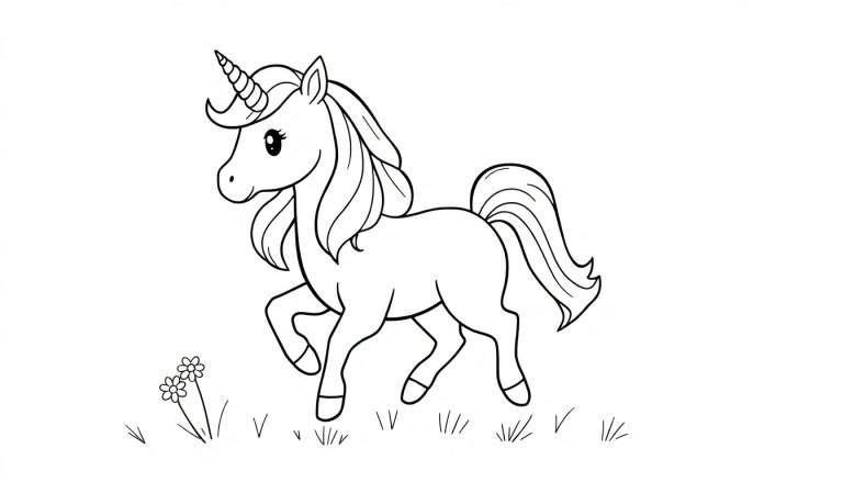 Página para colorear de unicornio con melena soñadora, listo para la placa de color.