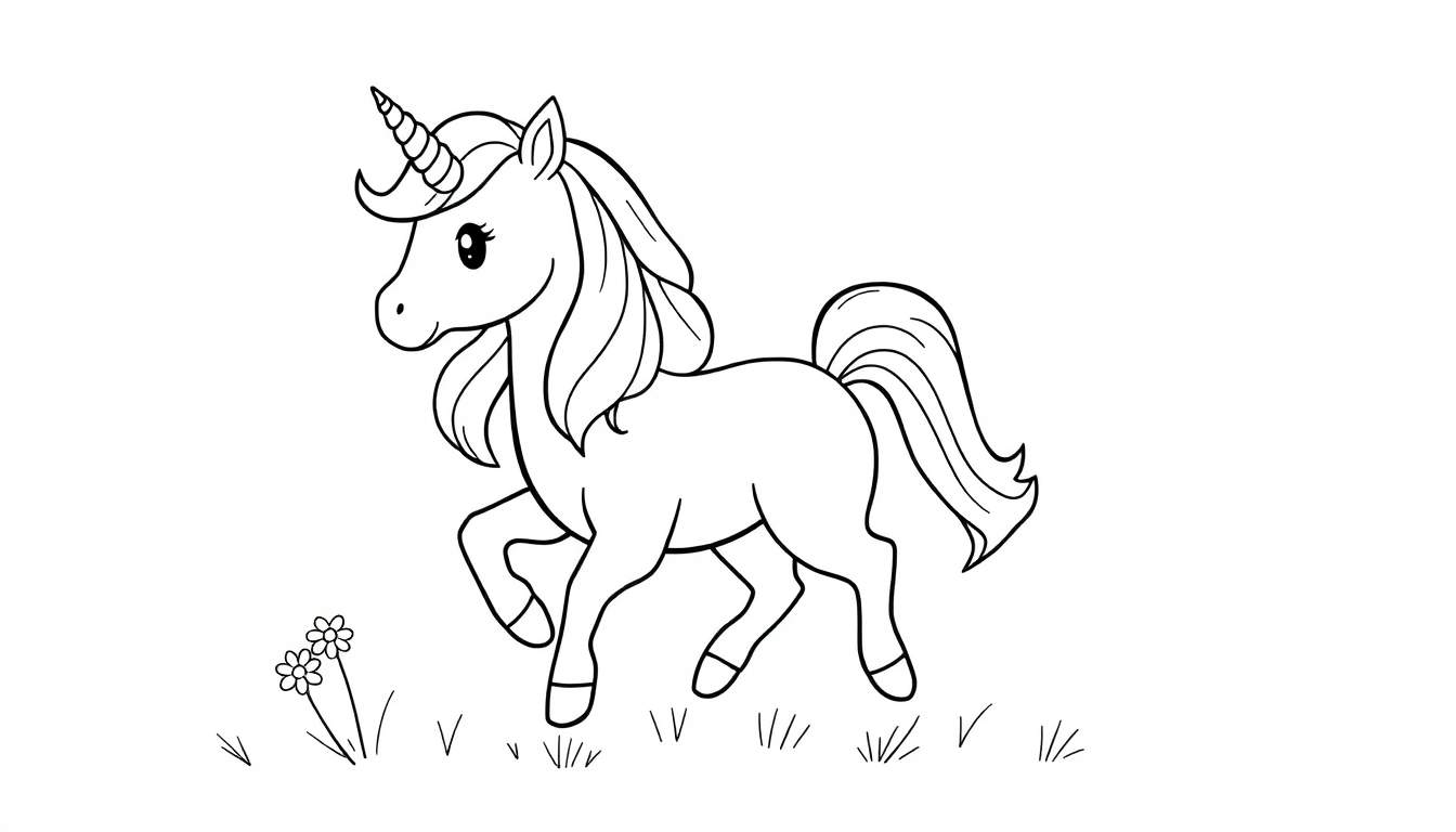 Página para colorear de unicornio con melena soñadora, listo para la placa de color.