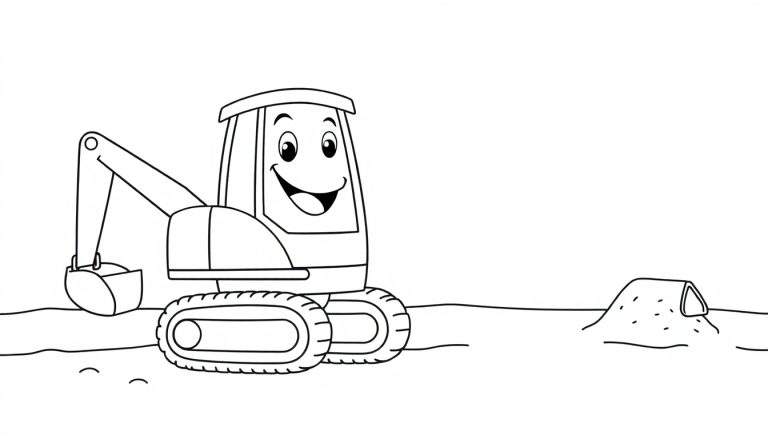 Excavadora sonriente para colorear en un sitio de construcción.