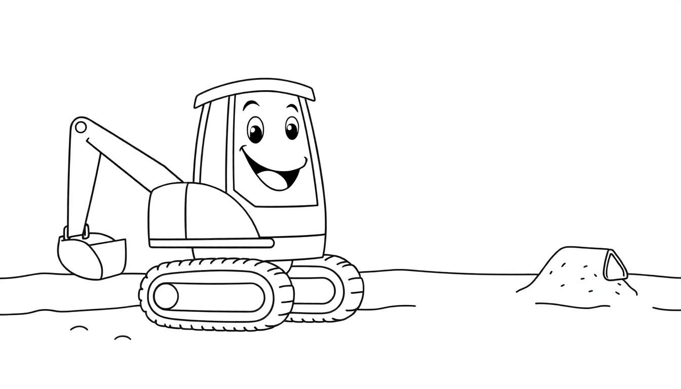 Excavadora sonriente para colorear en un sitio de construcción.