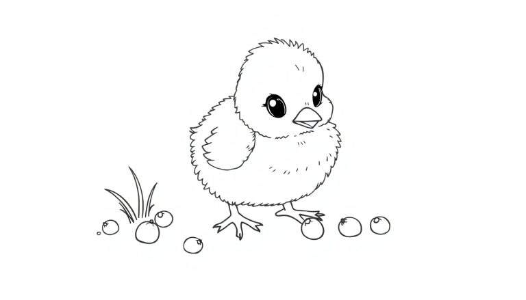 Un pollito con contornos negros picoteando bayas, listo para ser una placa de color.