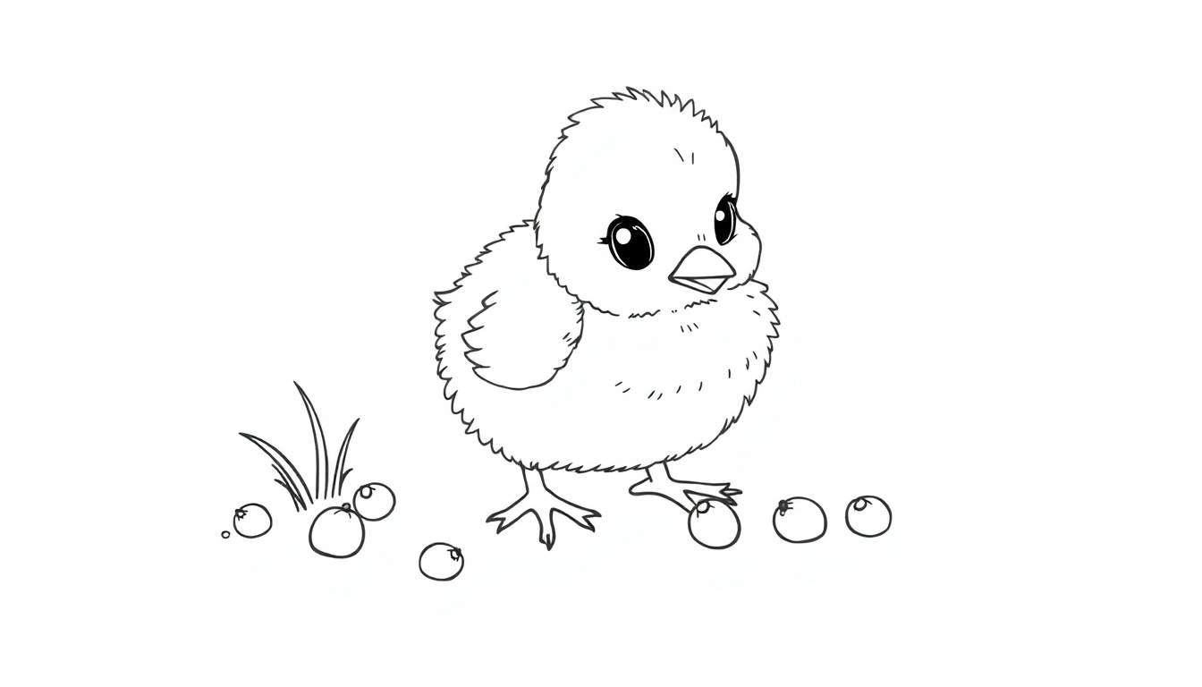 Un pollito con contornos negros picoteando bayas, listo para ser una placa de color.