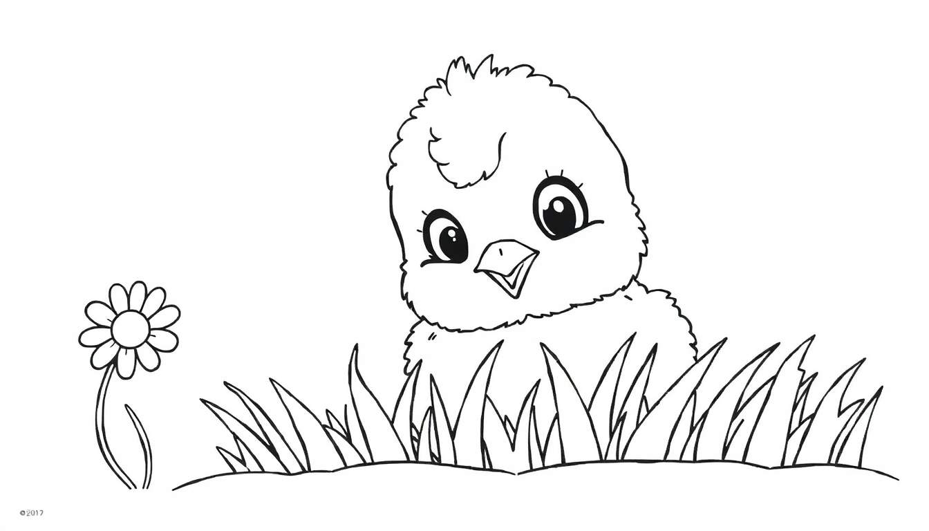 Placa de color de un pollito adorable mirando por encima de la hierba con una margarita.