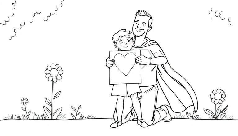 Una placa de color con un padre superhéroe arrodillado abrazando a su hijo, que sostiene un dibujo.