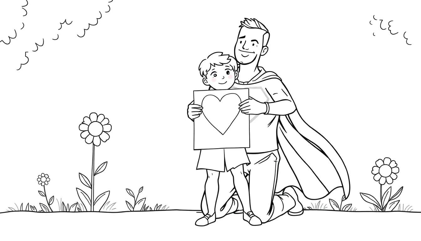 Una placa de color con un padre superhéroe arrodillado abrazando a su hijo, que sostiene un dibujo.