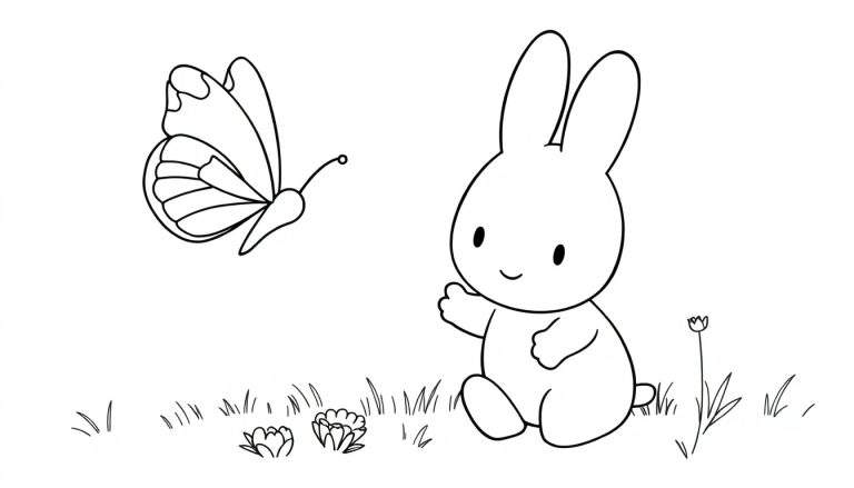 Placa de color de Miffy saludando a una mariposa rodeada de hierba y flores.