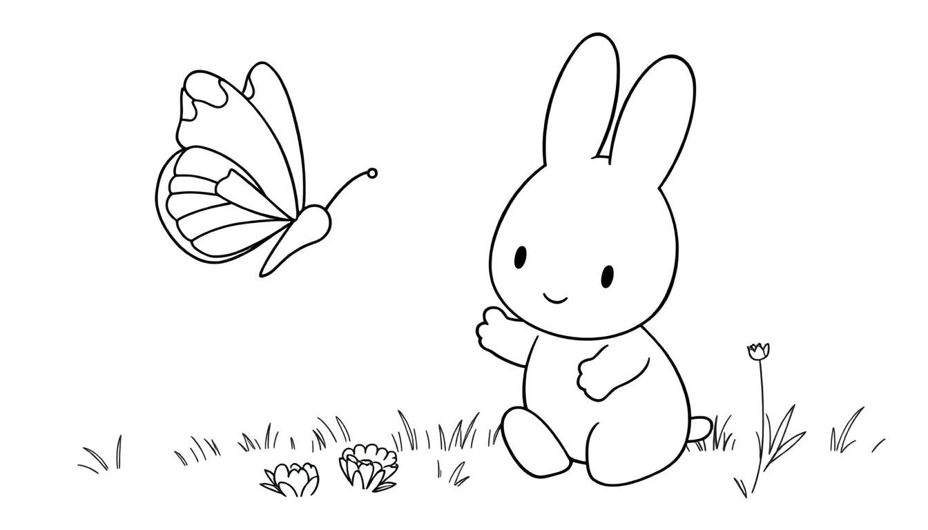 Placa de color de Miffy saludando a una mariposa rodeada de hierba y flores.