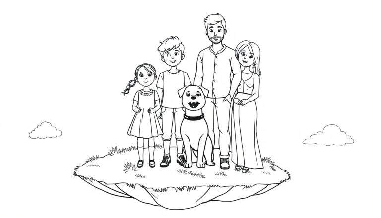 Una familia sonriente con su perro en una isla flotante cubierta de hierba, con nubes en el fondo.