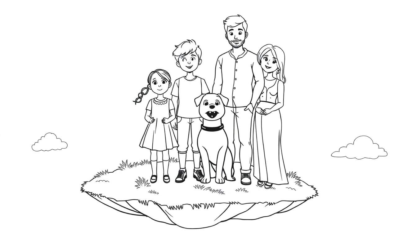 Una familia sonriente con su perro en una isla flotante cubierta de hierba, con nubes en el fondo.