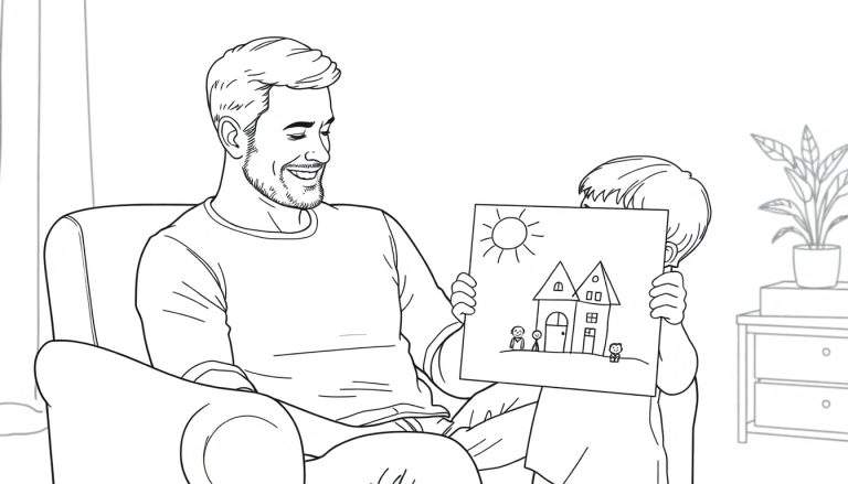 Placa de color de un papá feliz recibiendo un dibujo de su hijo.