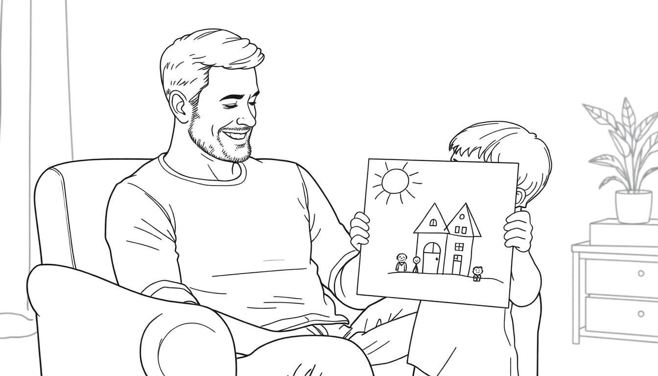 Placa de color de un papá feliz recibiendo un dibujo de su hijo.