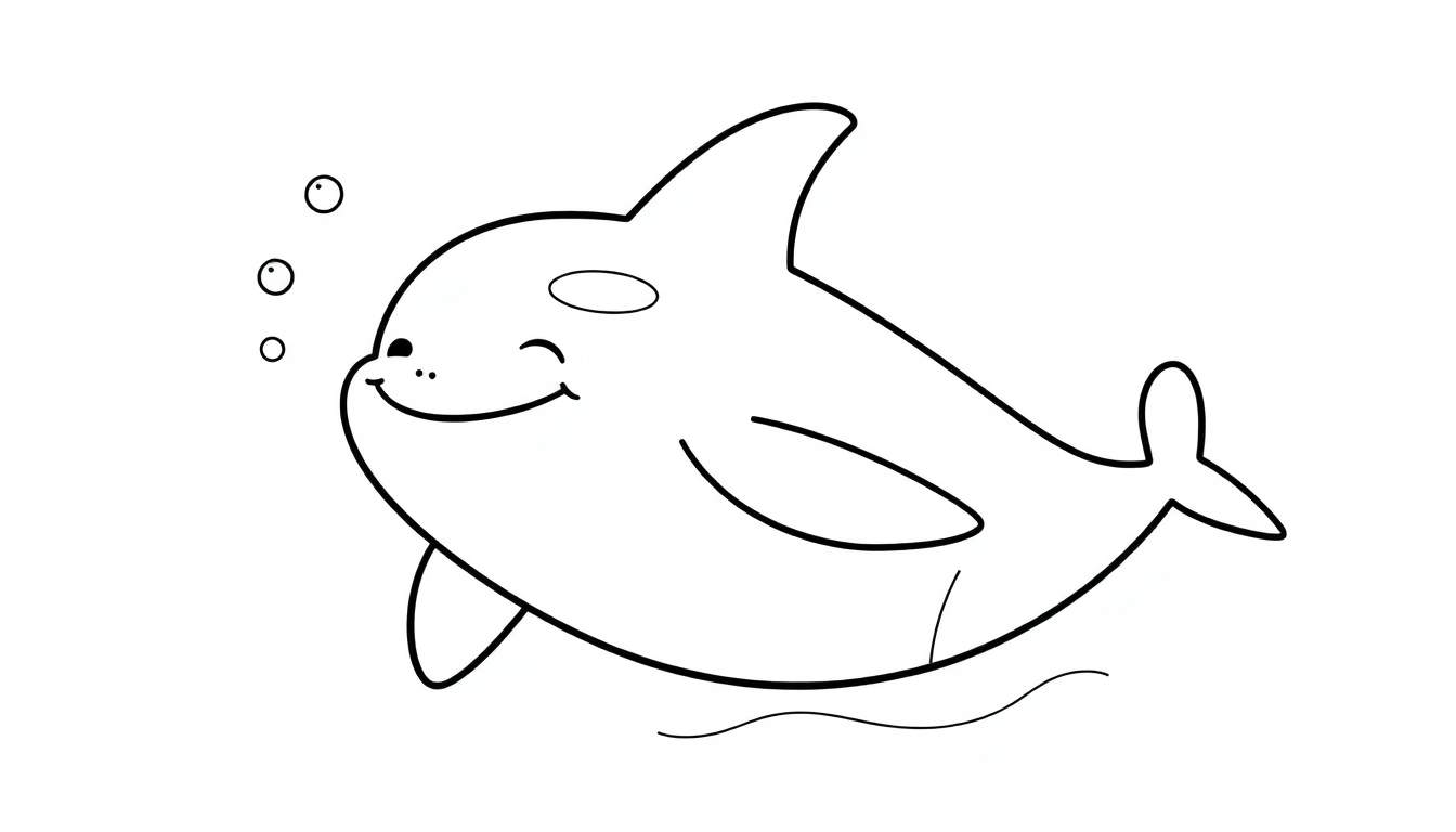 Orca caricaturizada lista para colorear, mostrando su aleta dorsal y una sonrisa, con burbujas y agua abajo.