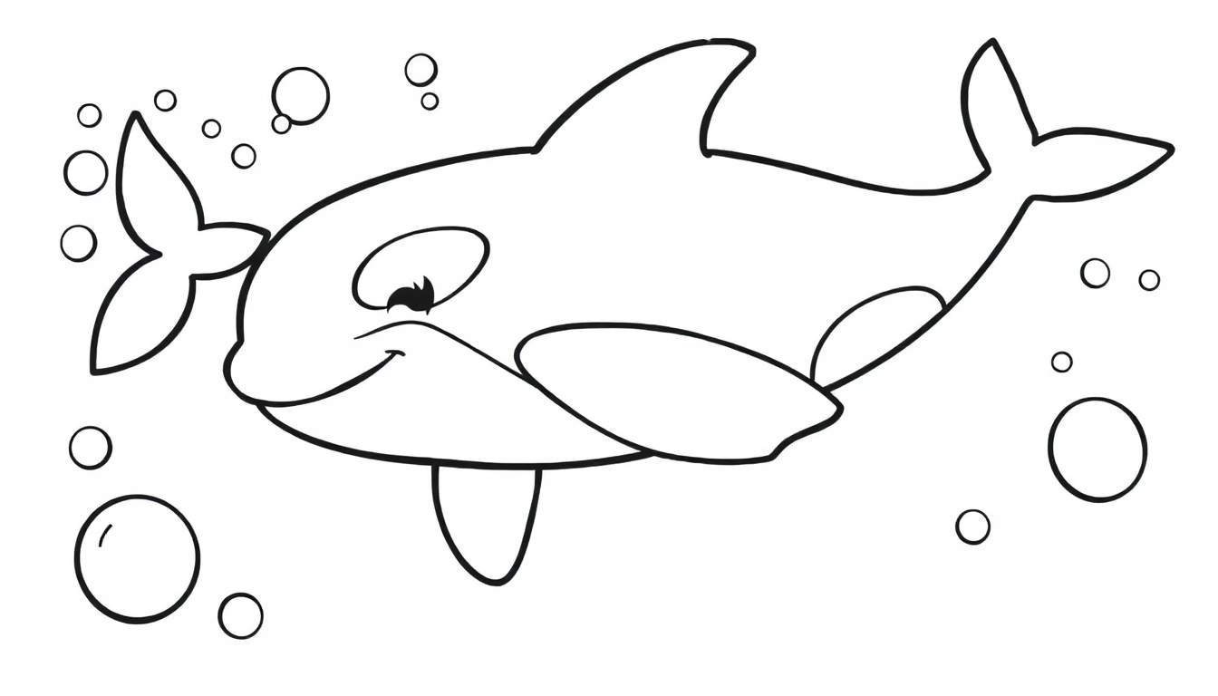 Orca caricaturizada sonriente nadando rodeada de burbujas, para colorear, placa de color.